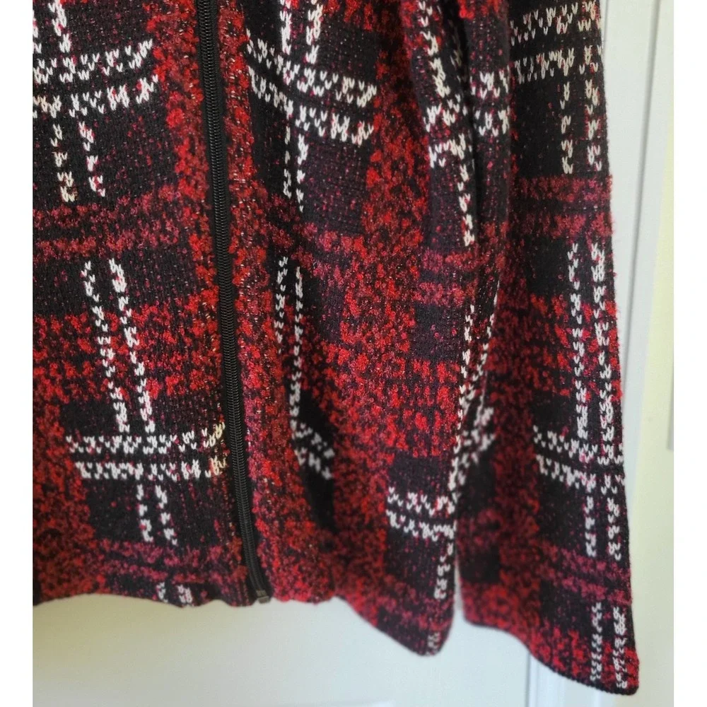 Chaps Womens Sweater Jacket XXL Red‎ Black White Plaid Knit Zip-Up Long Sleeve